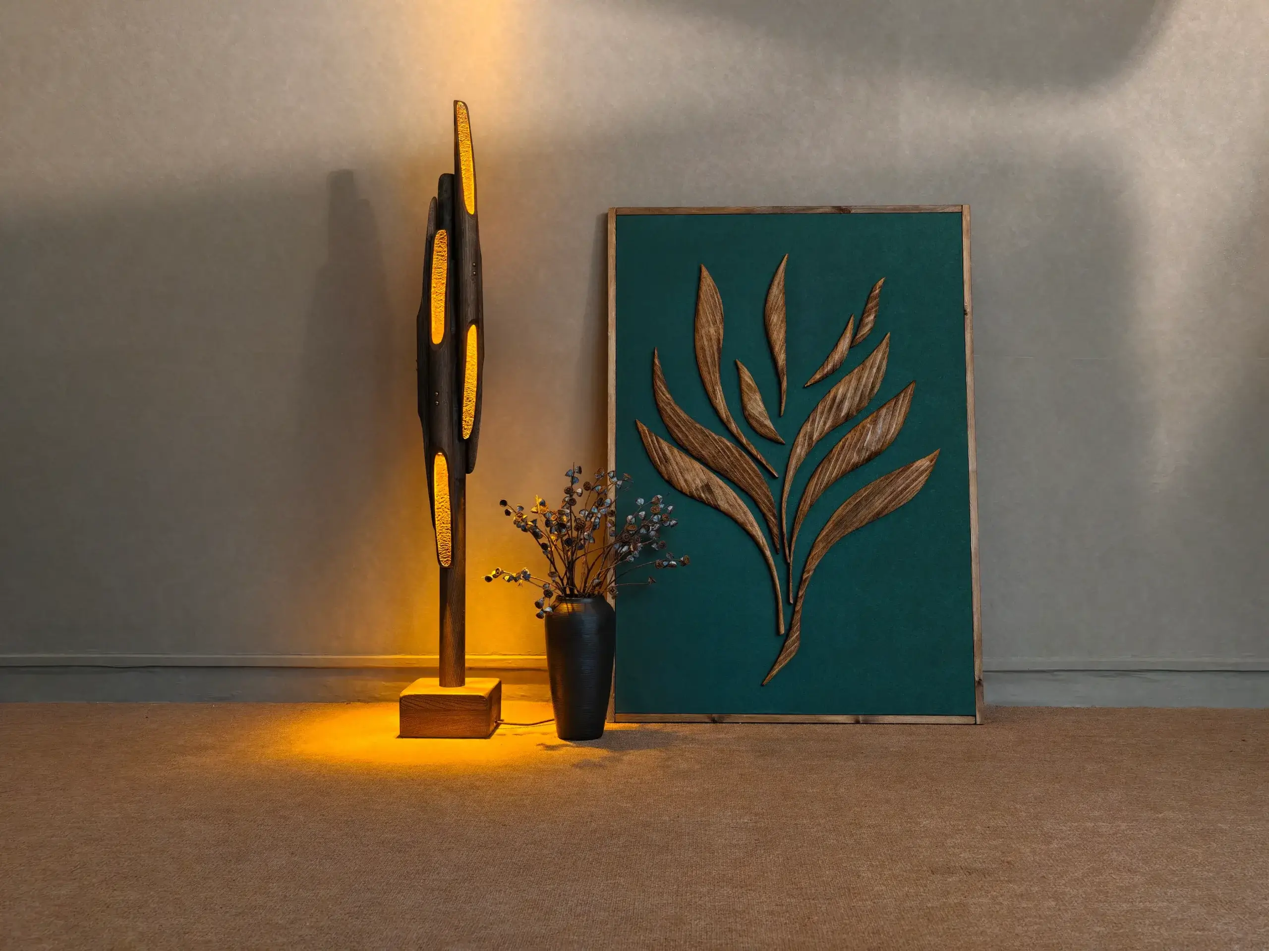Artistic Handmade Solid Wood Floor Lamp in Home Decor Scene scaled – Flowlight Design The Guardian artistic floor lamp by FLOWLIGHT DESIGN INC. is a stunning example of handmade craftsmanship, constructed from beautiful natural solid wood. This unique piece serves as both a functional light source and a sculptural work of art, adding warmth and character to any space.
