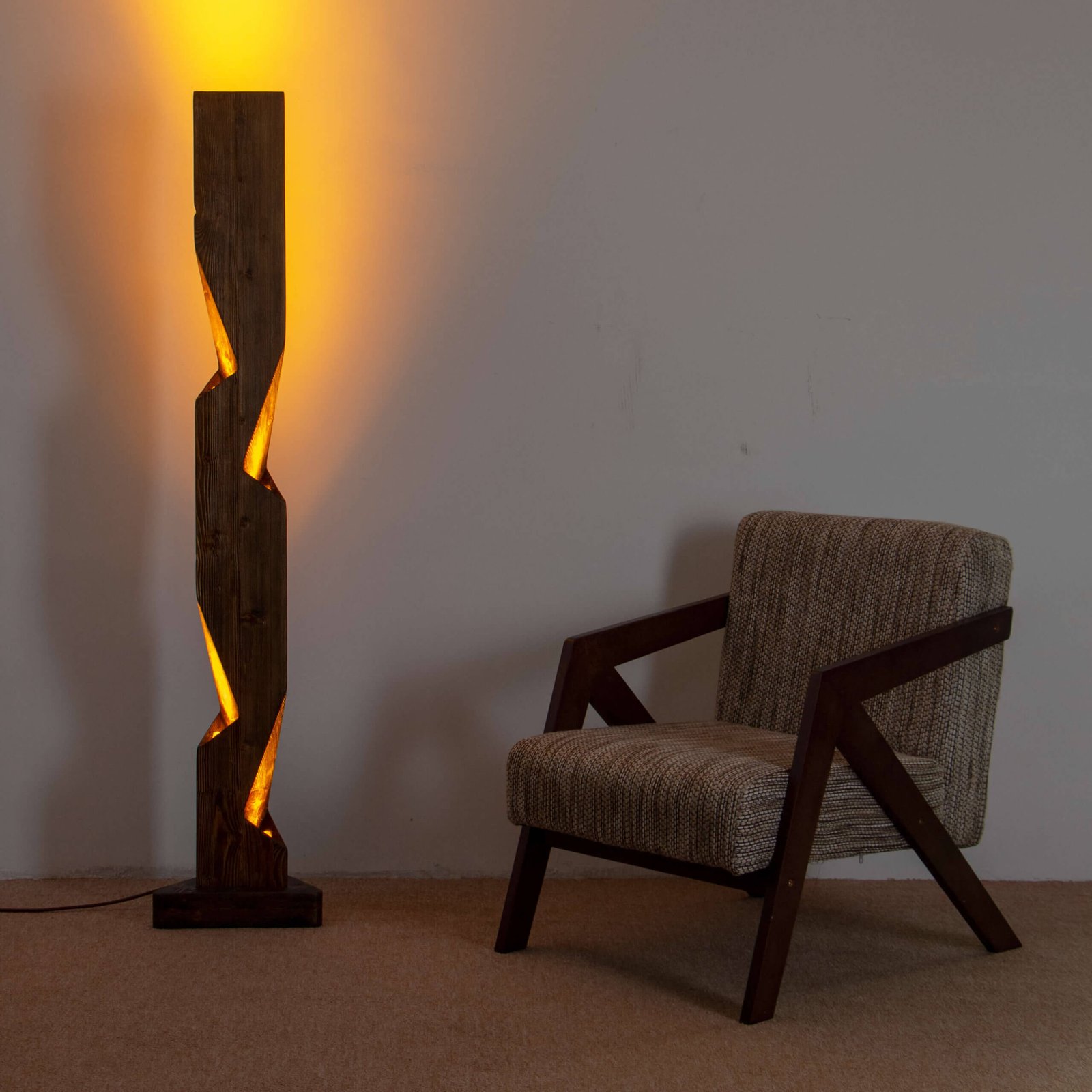Artistic Solid Wood Origin Floor Lamp Next to Chair scaled | Flowlight Design