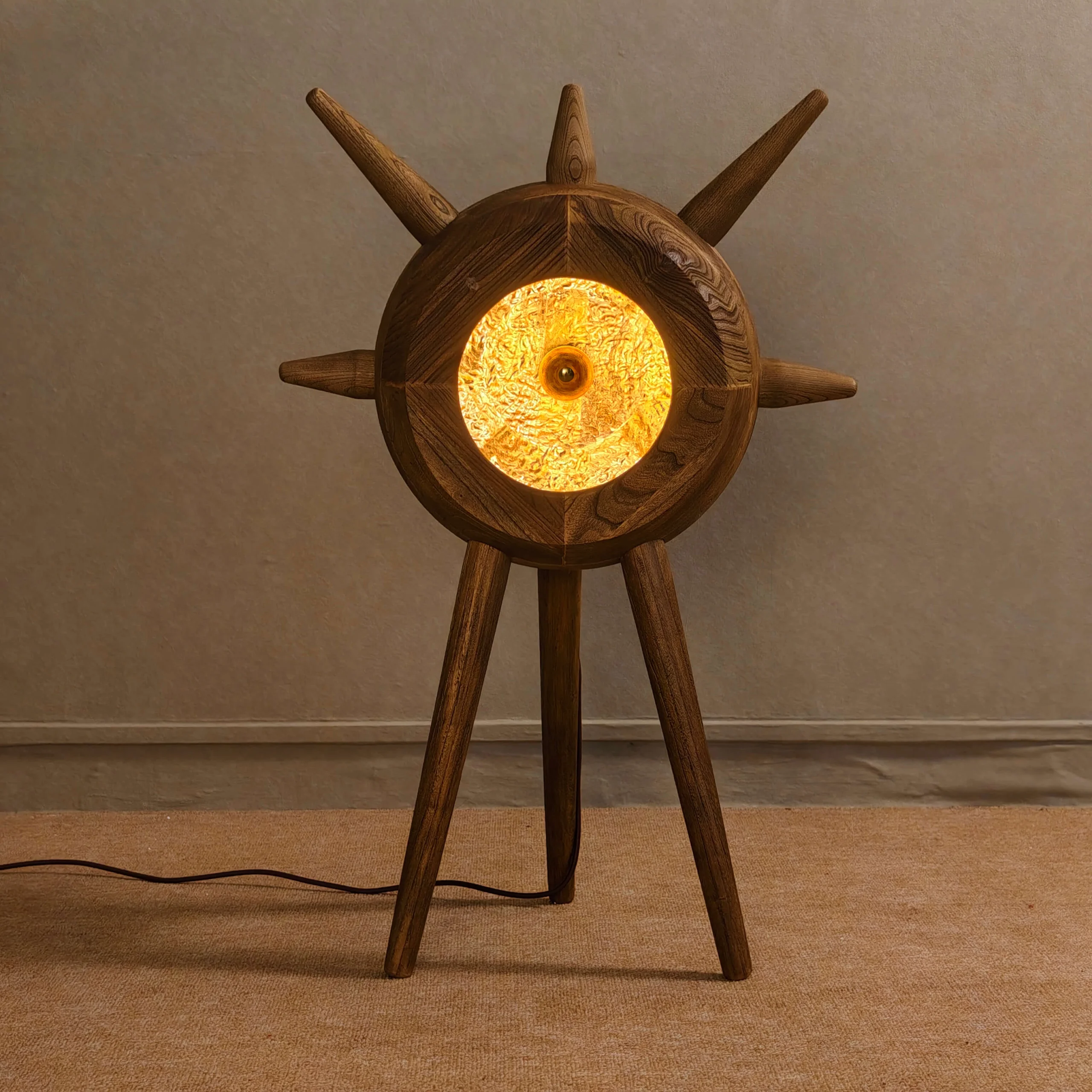 Handmade Natural Solid Wood Artistic Floor Lamp Demonlet scaled – Flowlight Design This artistic floor lamp, named Demonlet, is a handmade product crafted from natural solid wood. Its design evokes a European and American medieval style. It is a product of FLOWLIGHT DESIGN INC. and can be found at flowlightdesign.com.