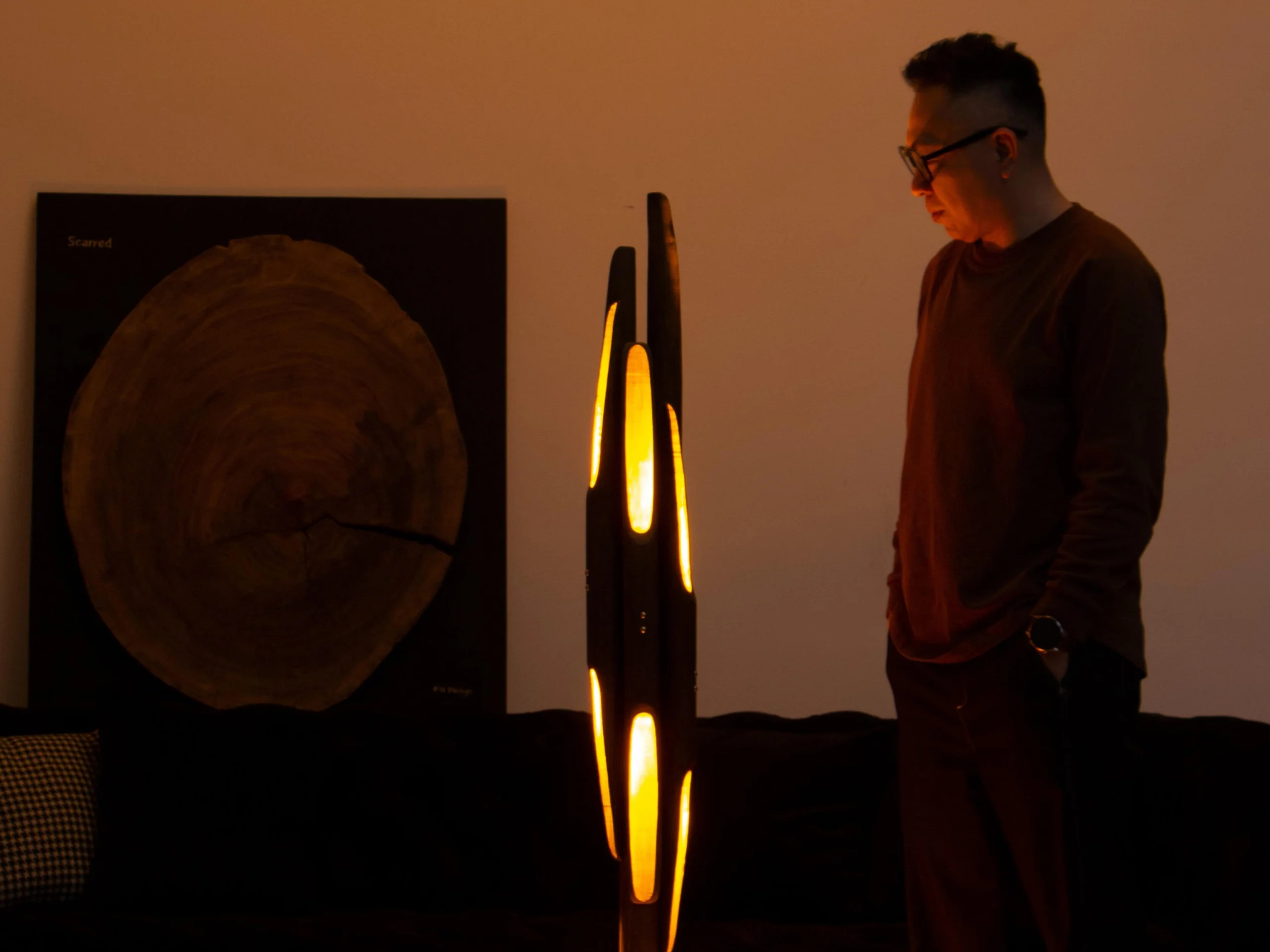 Man Admiring Yearning Artistic Solid Wood Floor Lamp scaled – Flowlight Design Man Admiring Yearning Artistic Solid Wood Floor Lamp scaled | Flowlight Design